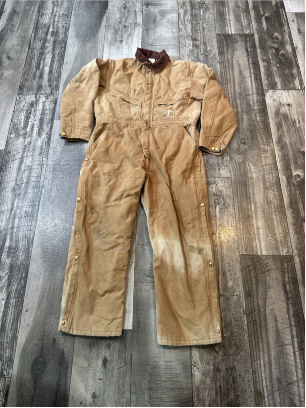 VTG Carhartt Coveralls Insulated Brown Duck Mens Sz 48 Short Made USA Bleached